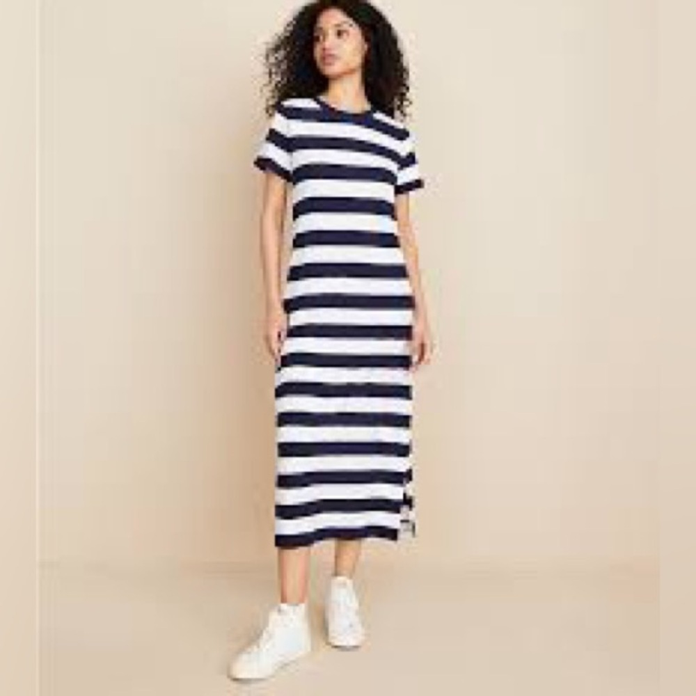 Lou & Grey Striped Soft Slub Midi Tee Dress Navy XS
